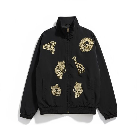 Vintage Black Gold Embroidered Safari Animal Jacket Size M Statement Bomber - Picture 2 of 13